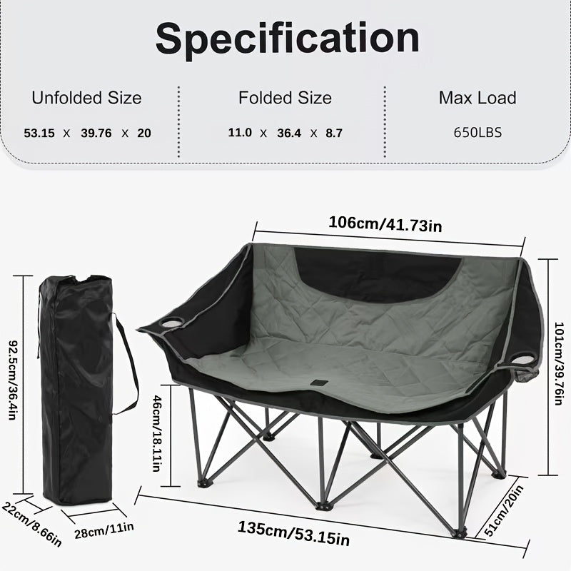 2-Person Oversized Camping Chair – Heavy-Duty Padded Outdoor Loveseat with Cup Holders Armrests & Carry Bag Portable Collapsible for Beach Picnic Backyard BBQ & Camping in Blue Beige Orange & Grey