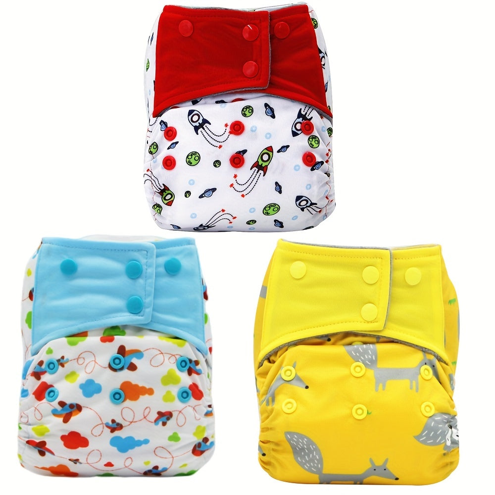 Reusable Cloth Diaper Set of 3 for Baby 0-2 Years, Washable Adjustable One-Size Pocket Diapers Fits 6.6-33 lbs, Cute Print Unisex Cloth Nappies for Boys & Girls