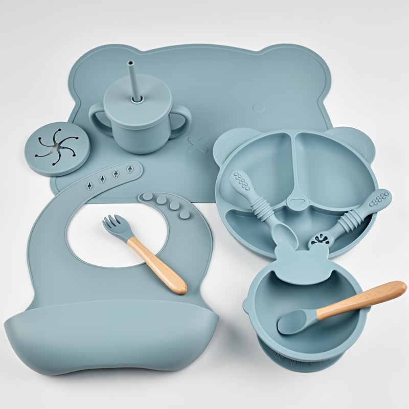 10-Piece Baby Toddler Silicone Tableware Set for Ages 1-3, Complete Feeding Set with Silicone Dinner Plate Fork Spoon Suction Cup Bowl Bib Snack Cup & 2-in-1 Straw Cup, BPA-Free Baby Mealtime Essentials