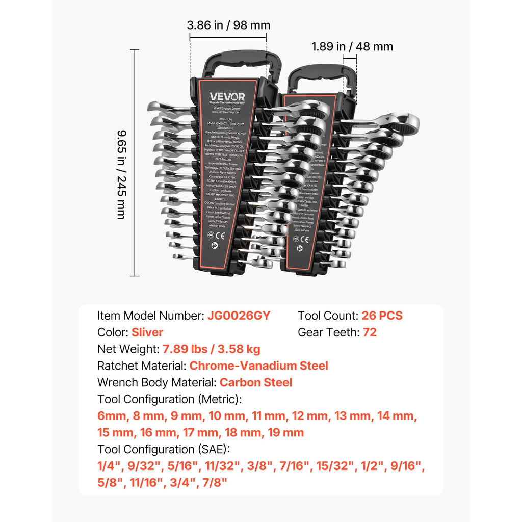 Ratcheting Combination Wrench Set 26-Piece SAE & Metric, 72-Tooth Cr-V Steel, 5° Micro-Swing, Dual-End Open Ratchet, Clear Size Labels, Rack Organizer, for Automotive DIY Home Repairs, Silver