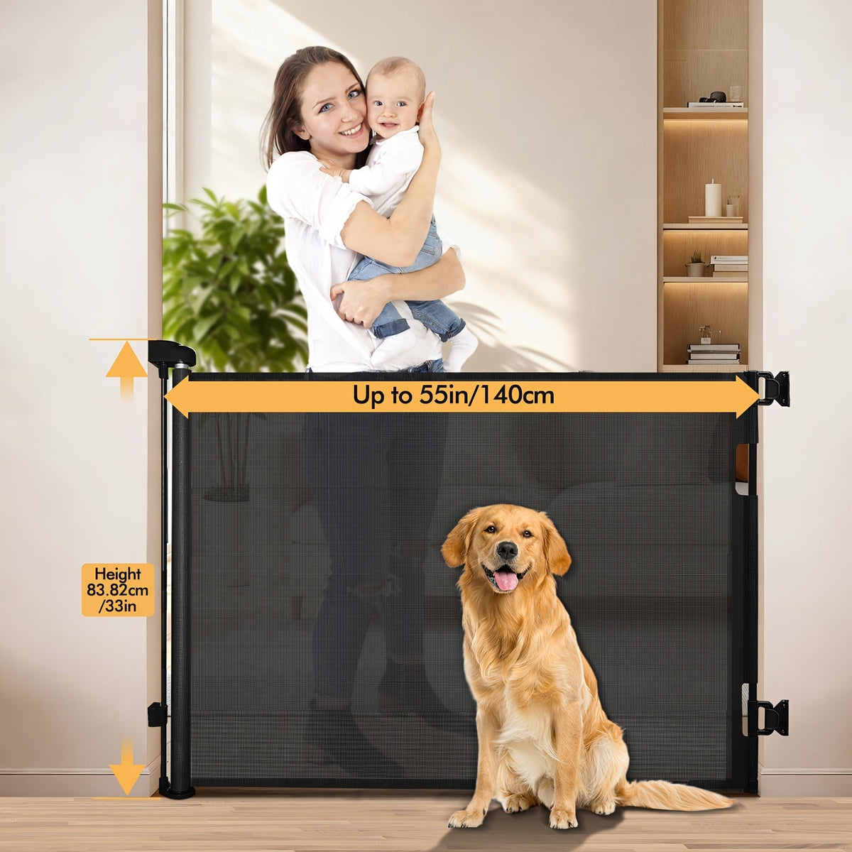 VERASTE Retractable Mesh Safety Gate, 33"/41" Tall Baby & Pet Gate for Doorways, Stairs & Hallways, Indoor & Outdoor Use, Multiple Width Options, Black, White & Gray