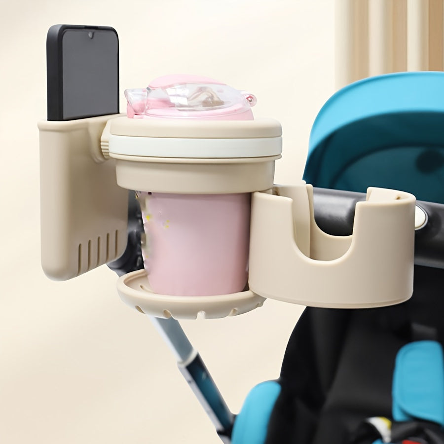 3-in-1 Stroller Cup & Bottle Holder with Phone Mount, Durable Universal Handlebar Attachment for Baby Strollers & Bikes, Ideal for Traveling Parents, Khaki & Black