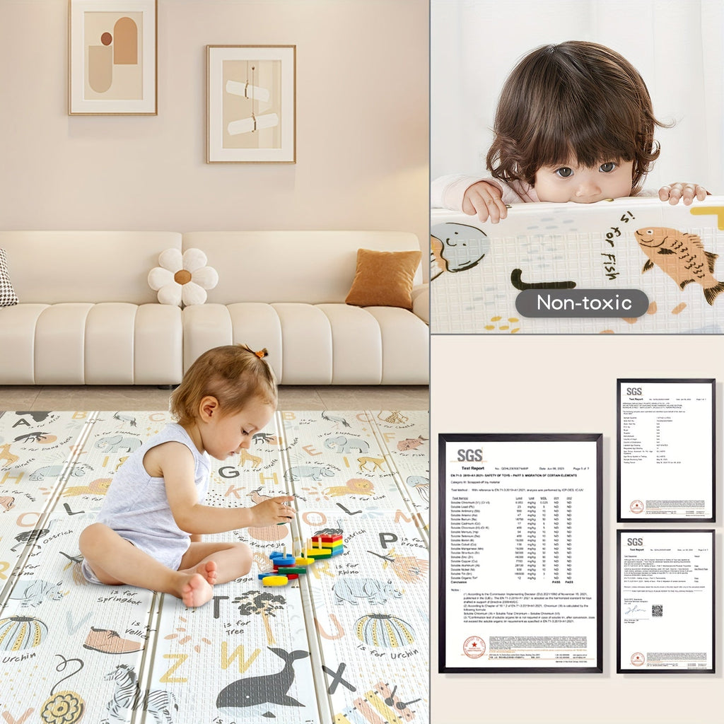 Foldable XPE Baby Play Mat, Extra Large Double-Sided Crawling Mat with Alphabet Numbers & Cartoon Animals, Minimalist Reverse Side, Safe Non-Toxic Material for Learning & Play, 2 Sizes