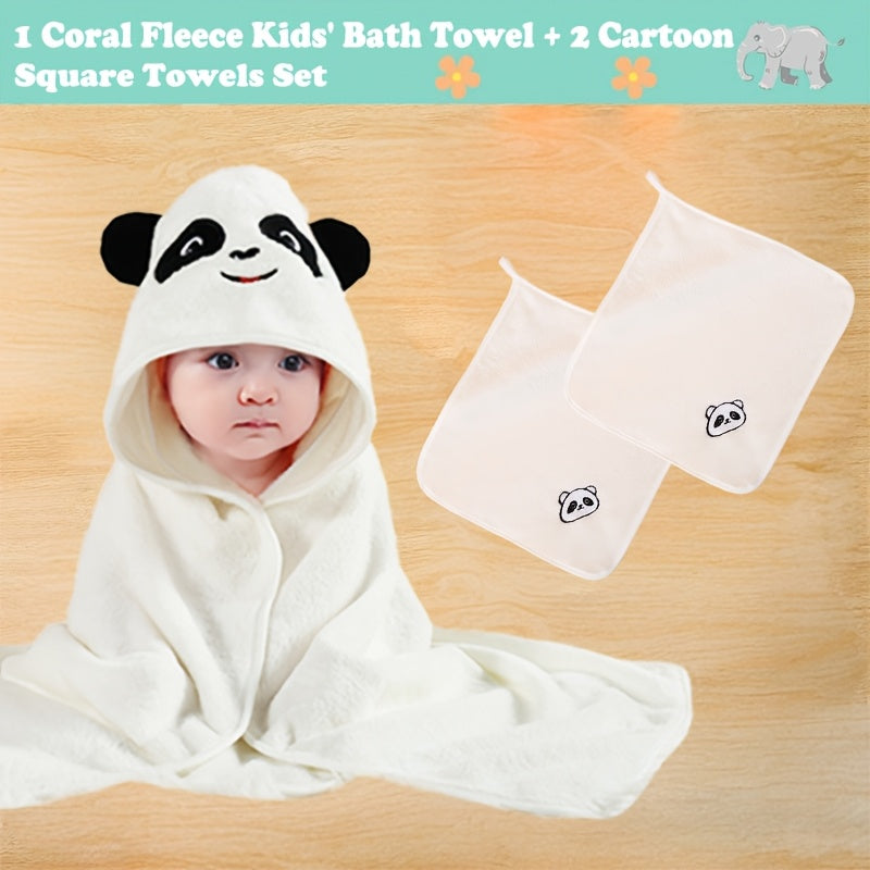 Baby Hooded Bath Towel 3-Piece Set, 1 Soft Absorbent Hooded Towel + 2 Cartoon Hand Towels, Non-Shedding Infant Bath Set, 7 Cute Animal Designs Including Duck Elk Koala Panda Rabbit Dinosaur & Penguin
