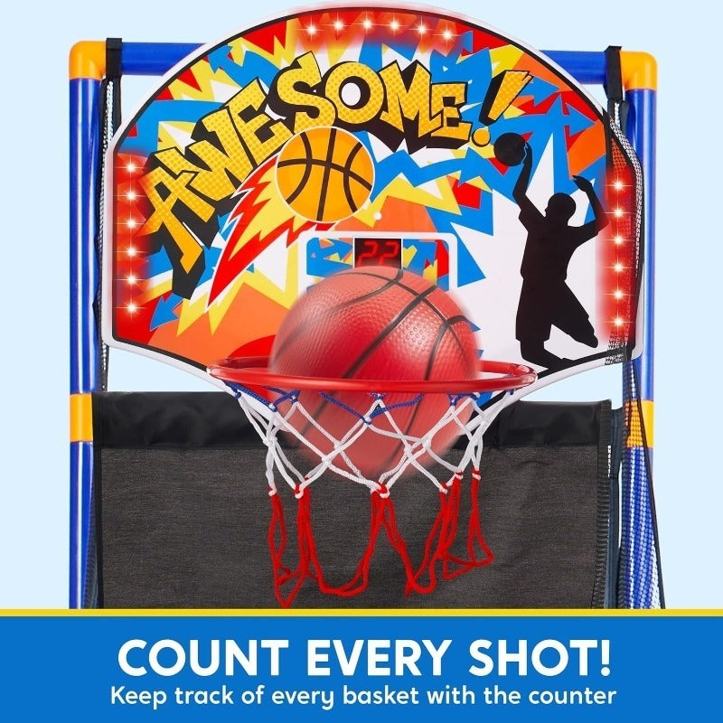 Kids Arcade Basketball Game Set with LED Lights & Electronic Scoreboard – Height Adjustable Hoop 4 Balls Air Pump Cheer Sound Indoor Outdoor