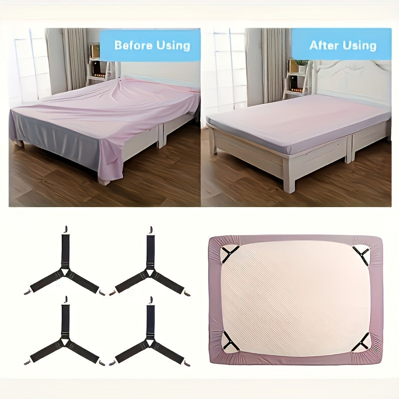4-Pack Adjustable Elastic Bed Sheet Straps with Transparent Clips - Non-Slip, Easy-Clean Nylon Fasteners for Securing Bedding & Sofa Covers - Black