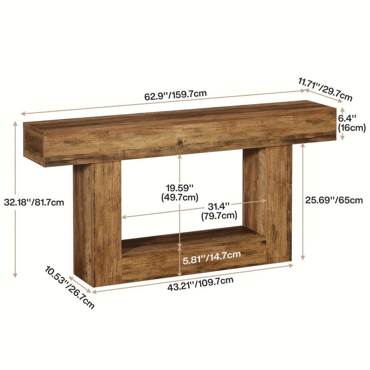 Farmhouse Console Table with U-Shaped Base & Bottom Shelf, Rustic MDF Entryway Table for Living Room Hallway Foyer Corridor, Country Style Sofa Table with Storage, Durable Modern Rustic Decor