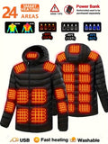 Men's Heated Jacket with 24-Zone Heating - Windproof Electric Heating Coat for Outdoor Camping Hunting Hiking Daily Wear, Sizes S-XXL - Black