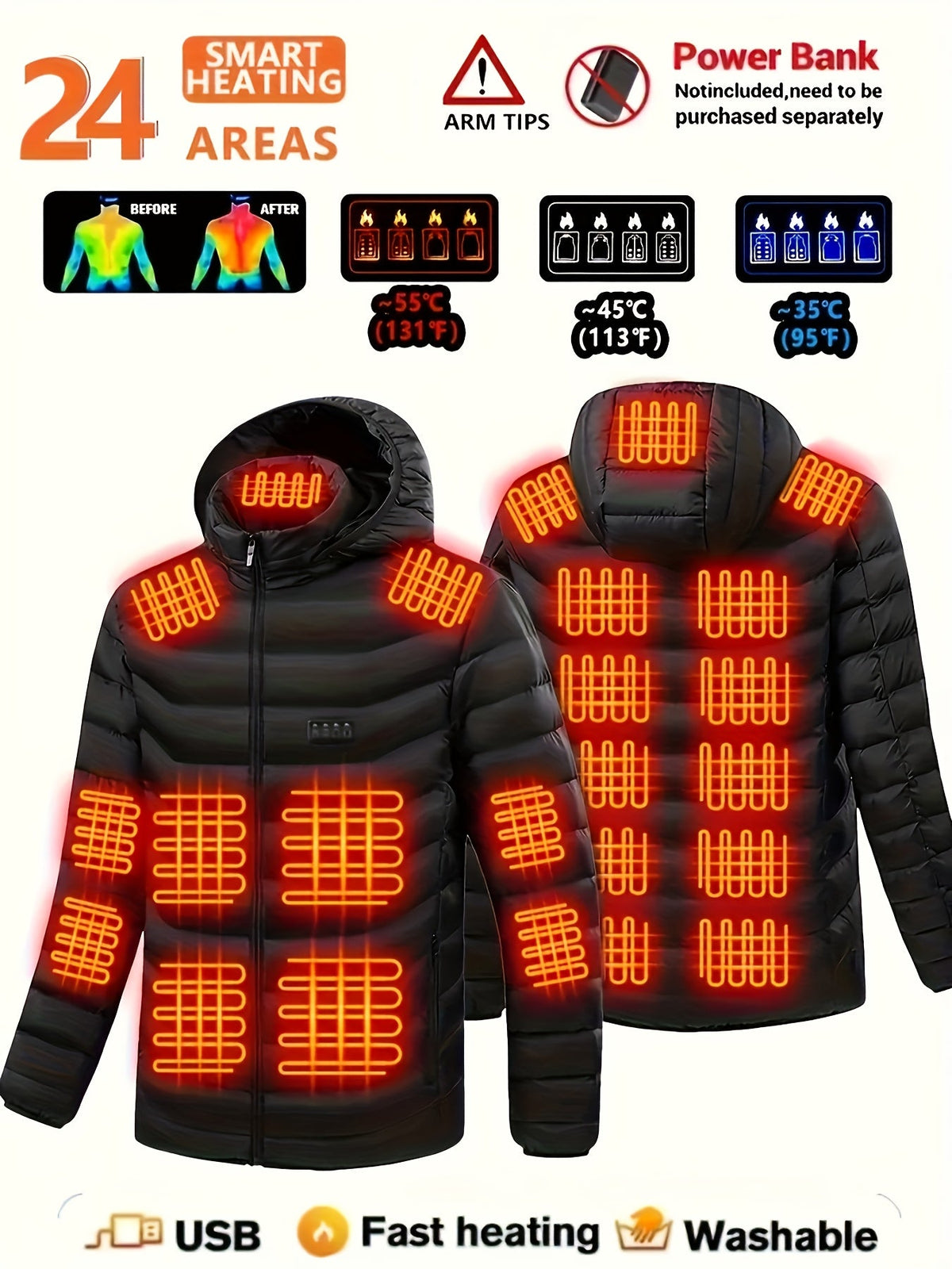 Men's Heated Jacket with 24-Zone Heating - Windproof Electric Heating Coat for Outdoor Camping Hunting Hiking Daily Wear, Sizes S-XXL - Black
