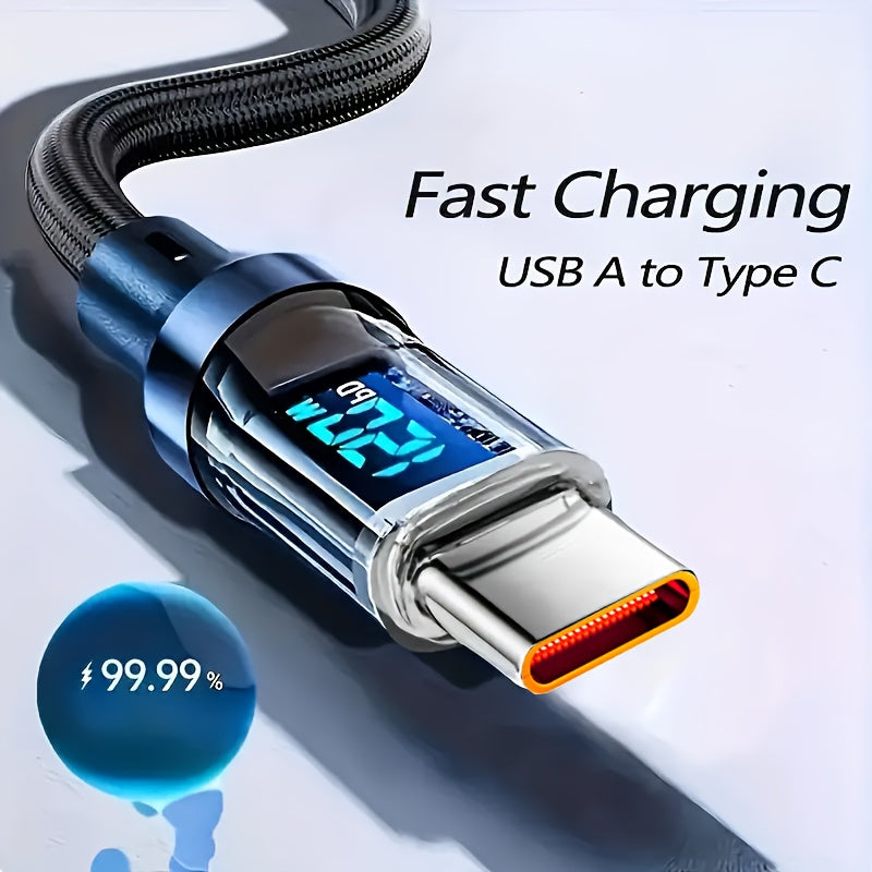 6A 120W Fast Charging Cable with Real-Time Digital Display - USB-A to USB-C Quick Charge - For iPhone, Android & Samsung - 1m & 2m - Black