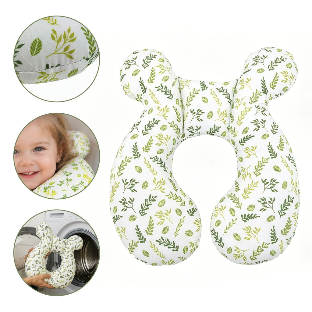 Kids Car Seat Headrest Pillow, Universal Child Head Support Neck Pillow for Boys & Girls, Cute Patterns including Green Leaves Pink Bow Rainbow Grey Stars & Gray Clouds