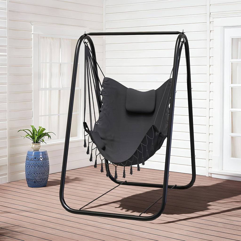 Metal A-Frame Outdoor Swing Chair with Stand – Rust-Proof Hammock Chair for Patio, Garden & Poolside, 500 LBS Capacity, 10-Min Assembly, Neck Cushion & Side Pocket, Gray Blue Navy Teal – Nova Mart