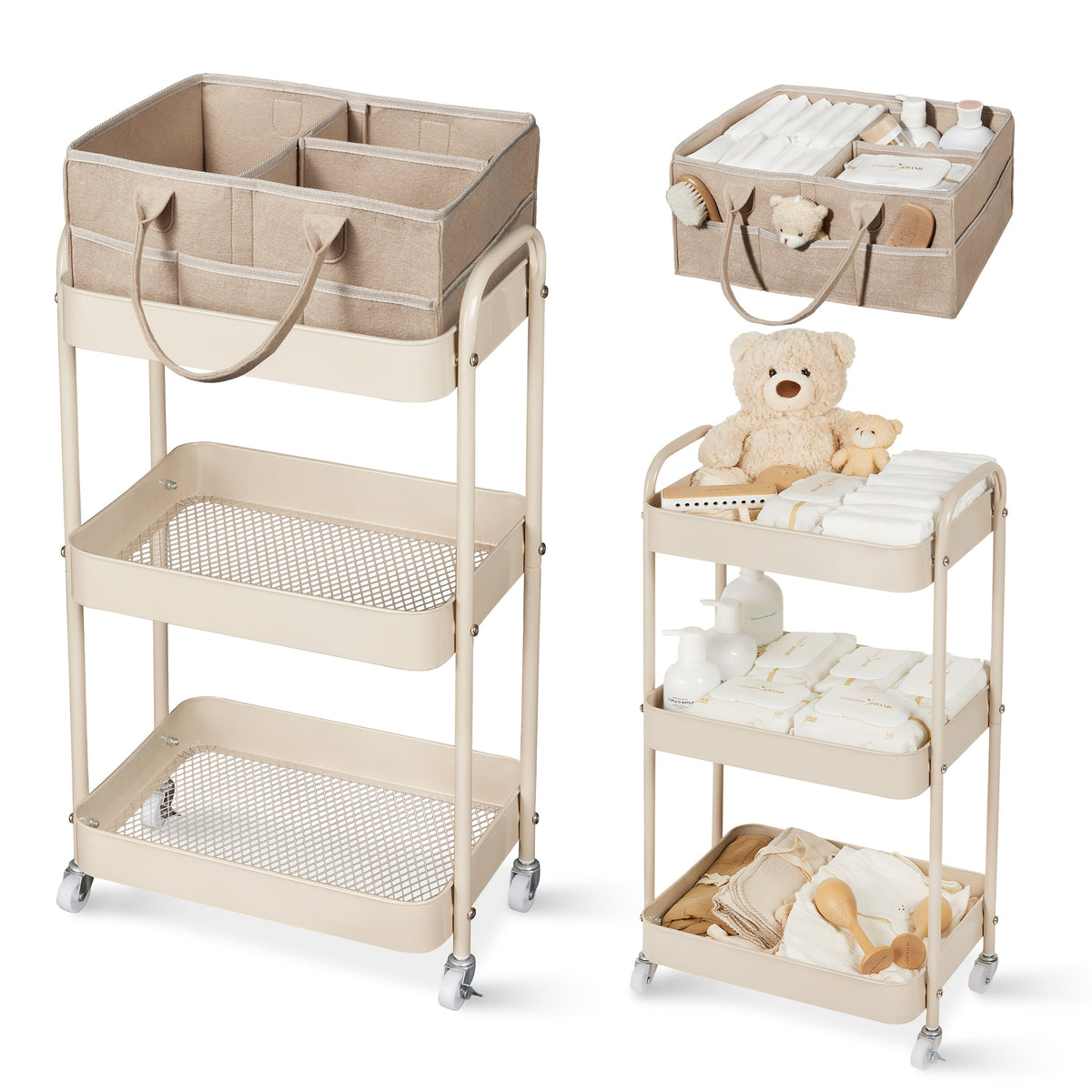 3-Tier Rolling Nursery Storage Cart with Dividers & Drawers, Mobile Diaper Caddy Organizer on Wheels for Changing Table Crib & Bedroom, Easy Assembly Nursery Cart