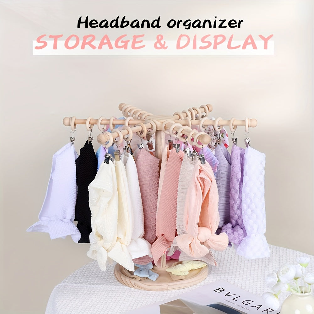 360° Rotatable Wooden Headband Holder & Hair Bow Organizer, Hair Accessory Storage Rack for Bedroom Dresser & Vanity, Burlywood, Christmas New Year Birthday Gift for Women & Girls