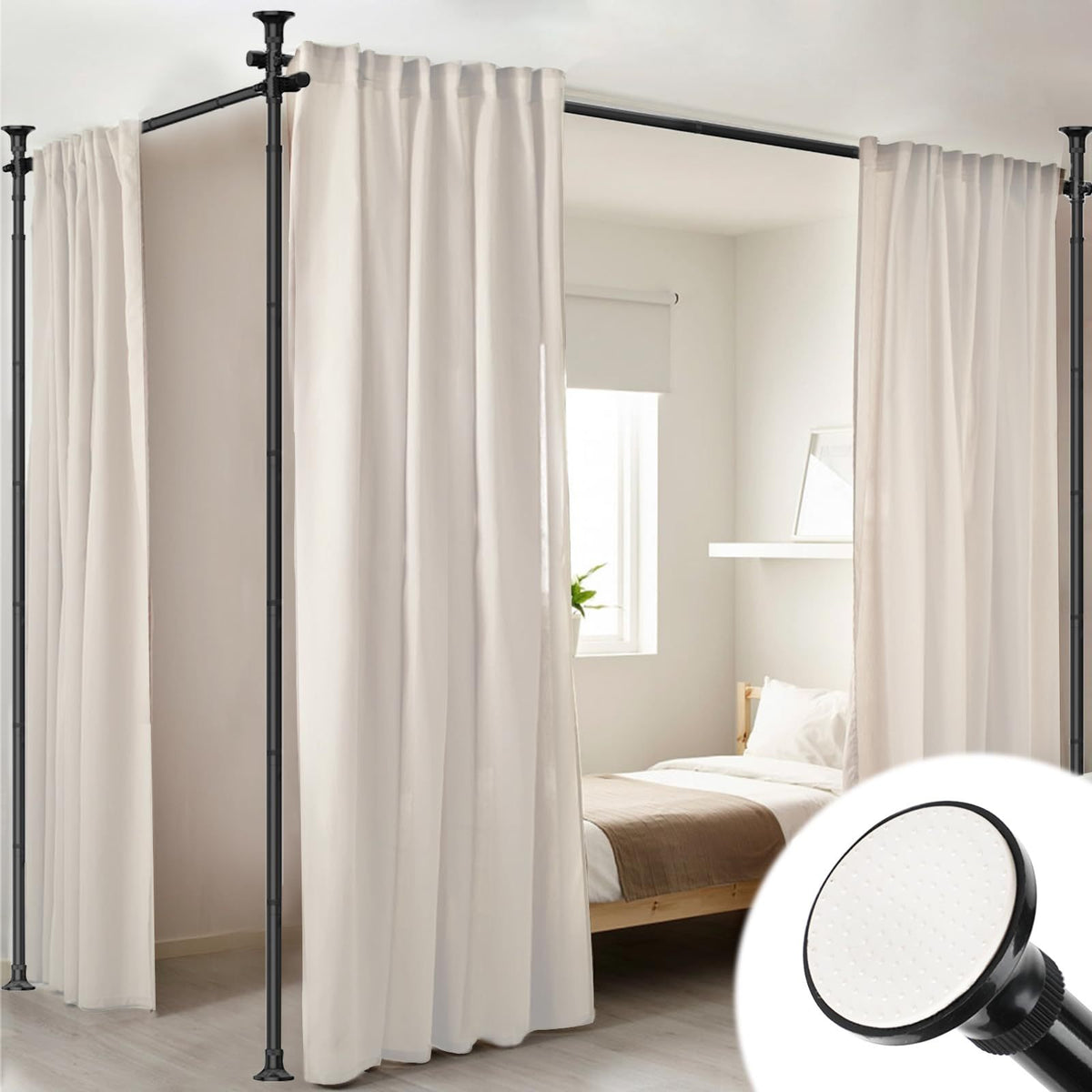 Floor to Ceiling Tension Curtain Rod No Drilling Room Divider 4-10FT Height 28-114 Inch Width Adjustable Heavy Duty for Space Partition Studio Apartment Bedroom Black