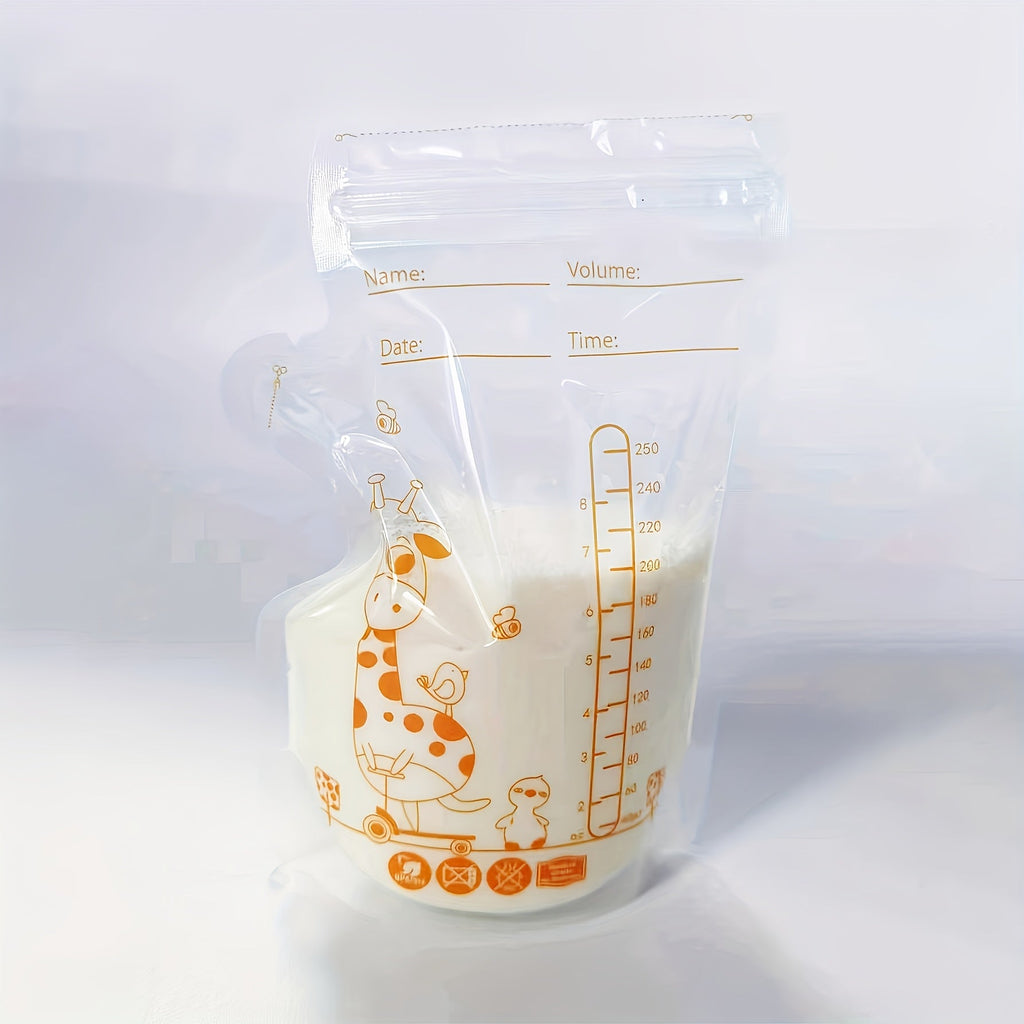 100-Pack 8oz/250ml Breast Milk Storage Bags with Pour Spout, Double-Sealed Self-Standing Flat Profile Freezer & Refrigerator Safe Transparent PP Milk Storage Bags for Breastfeeding Moms