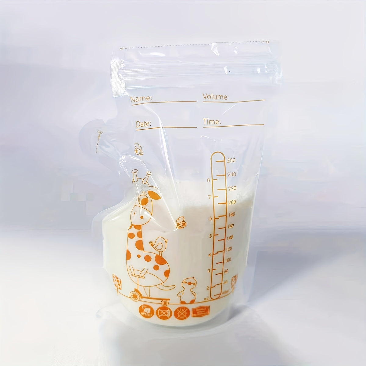 100-Pack 8oz/250ml Breast Milk Storage Bags with Pour Spout, Double-Sealed Self-Standing Flat Profile Freezer & Refrigerator Safe Transparent PP Milk Storage Bags for Breastfeeding Moms