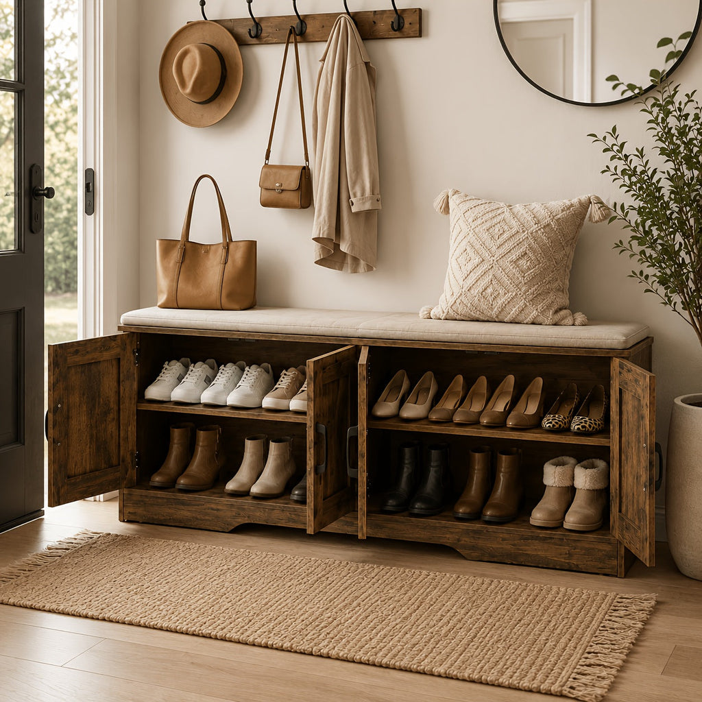 43-Inch Storage Ottoman Bench with 4 Barn Doors, Large Capacity Heavy-Duty Shoe Storage Bench, Long Entryway Bench with Storage for Living Room Foyer Bedroom, Modern Farmhouse Style