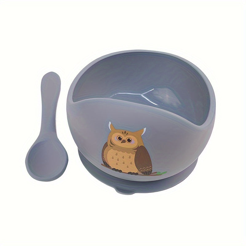 TYRY.HU Baby Suction Bowl with Spoon, 2-Piece First Stage Self-Feeding Set for Baby Led Weaning, Cute Designs Including Rainbow Elephant & Owl