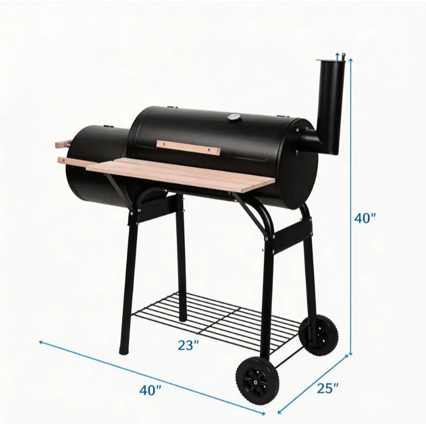 Charcoal Grill with Offset Smoker 433 Sq In Cooking Area Lid Thermometer Carbon Steel Side Table & Wheels for Backyard Camping & Picnics – Black