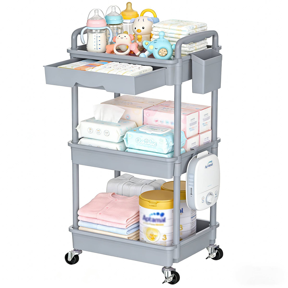 3-Tier & 4-Tier Mobile Nursery Storage Cart on Wheels, Space-Saving Rolling Organizer for Nursery & Baby Room Decor, Sturdy with Smooth Wheels, Baby Pink, Green, Blue, Purple, White, Black & Grey