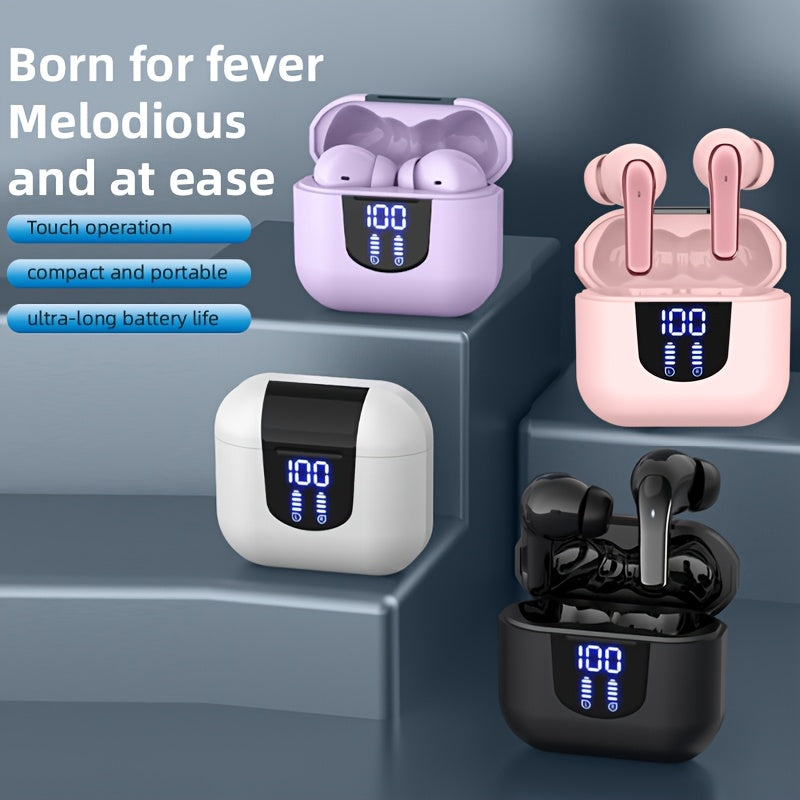Bluetooth 5.4 Wireless Earphones - 13mm Speakers, Extra Long Playtime, Type-C Fast Charging, Stereo In-Ear with Mic - iPhone & Android, Gaming, Business & Sports - White, Black, Pink & Purple
