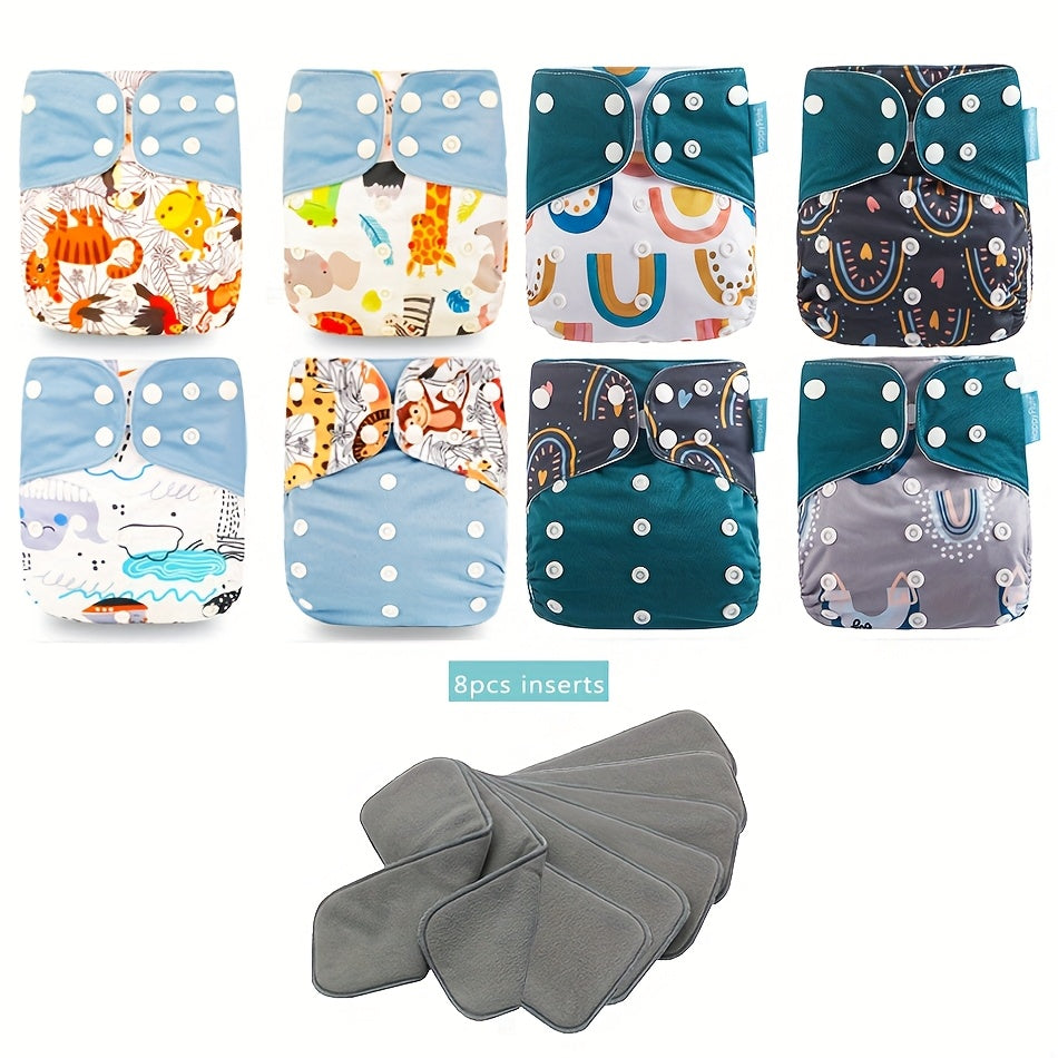 HappyFlute 8-Pack Washable Pocket Cloth Diapers + 8-Pack Inserts Set, Reusable Newborn Baby Cloth Diaper Suit, 4 Print Styles Including Fox & Whale Rainbow & Animals Love & Birds & Plain