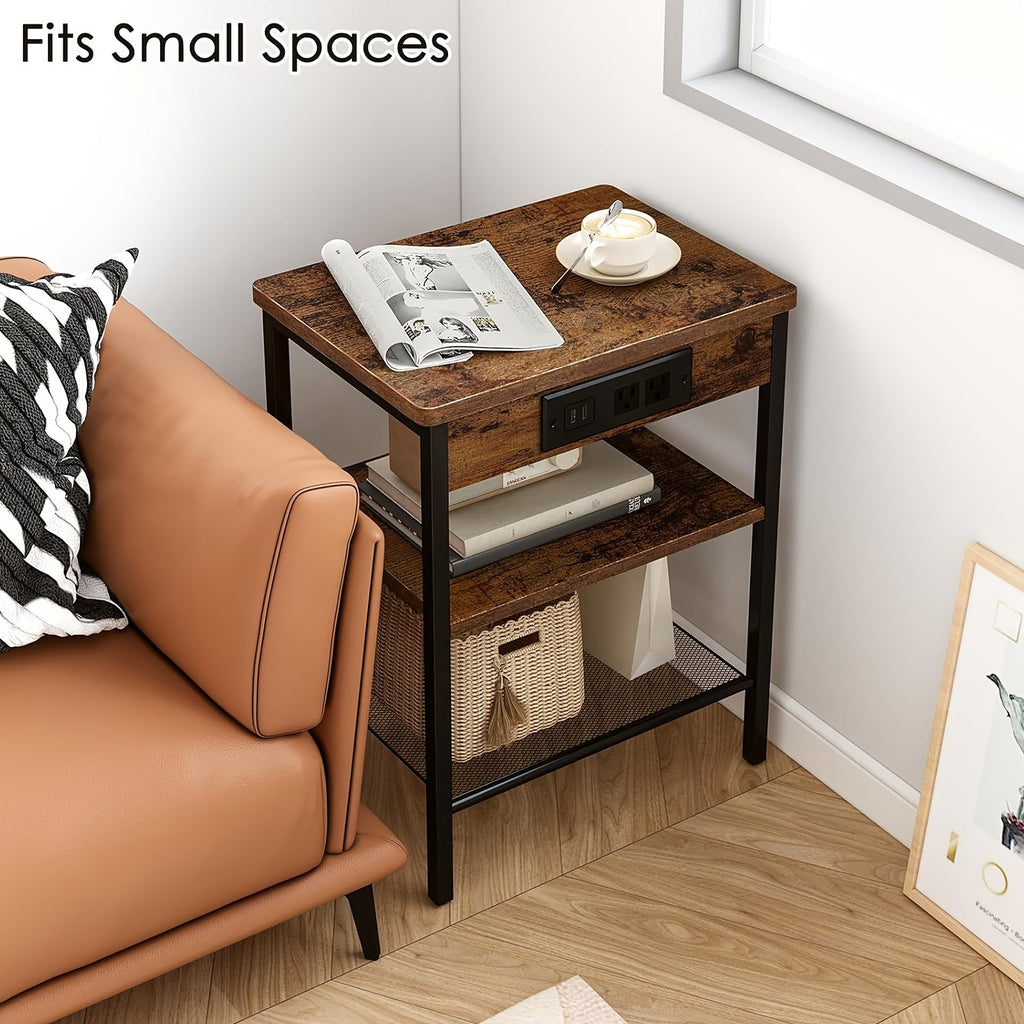 3-Tier Nightstand & Side Table with Charging Station – Storage Shelf for Bedroom & Living Room in Rustic Brown & Black (with Optional Drawer)