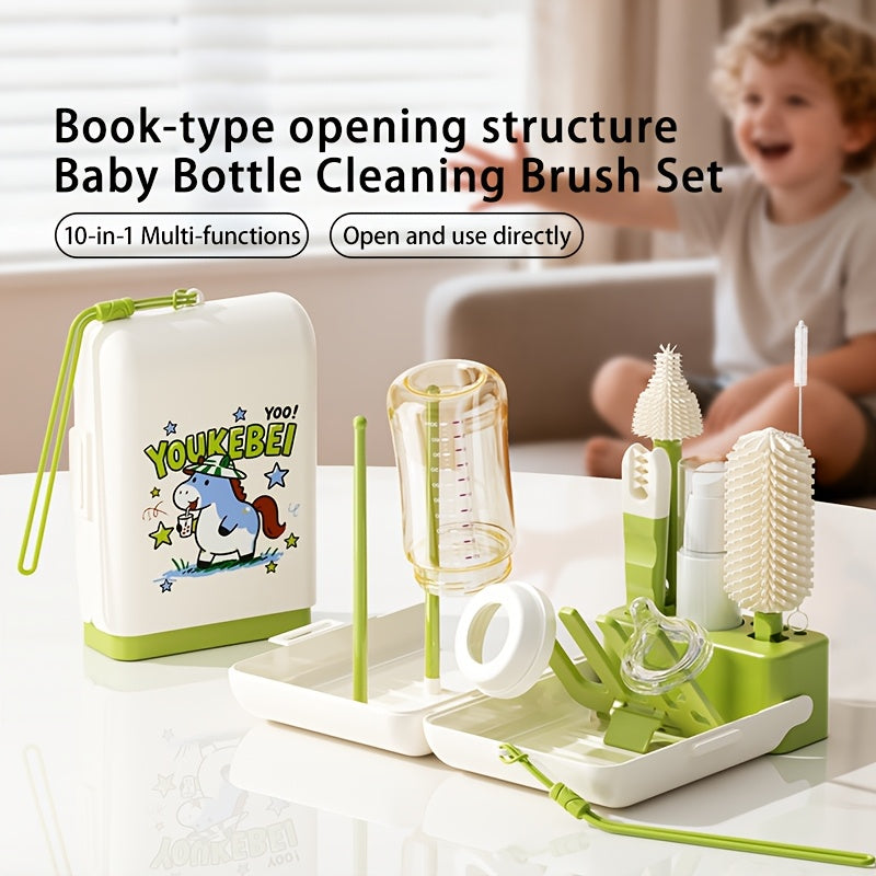 Book-Shaped Portable Baby Bottle Cleaning Brush Set, Multi-Functional Kit with Bottle Brush Nipple Brush Straw Brush Cup Brush & Draining Rack, Lightweight Travel Bottle Cleaning Tools, Green & Blue