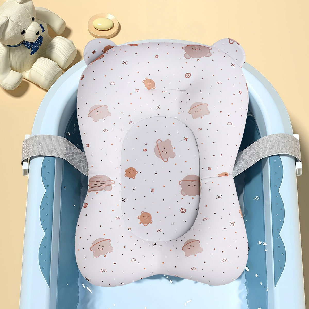 Baby Bath Support Mat Cushion for Newborns, Non-Slip 3-Point Adjustable Infant Shower Net Seat with Cute Cartoon Prints, Safe Bathing Aid for Boys & Girls (Tub Not Included)