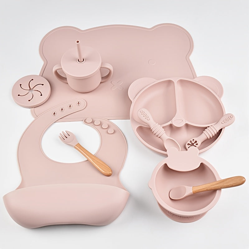 10-Piece Baby Toddler Silicone Tableware Set for Ages 1-3, Complete Feeding Set with Silicone Dinner Plate Fork Spoon Suction Cup Bowl Bib Snack Cup & 2-in-1 Straw Cup, BPA-Free Baby Mealtime Essentials