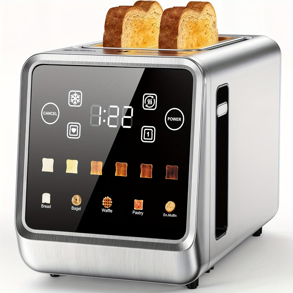Touch Screen 2-Slice Toaster Stainless Steel Smart Digital with Memory Function 5 Bread Types 6 Shade Settings 1.5 Inch Wide Slot 900W for Home Kitchen