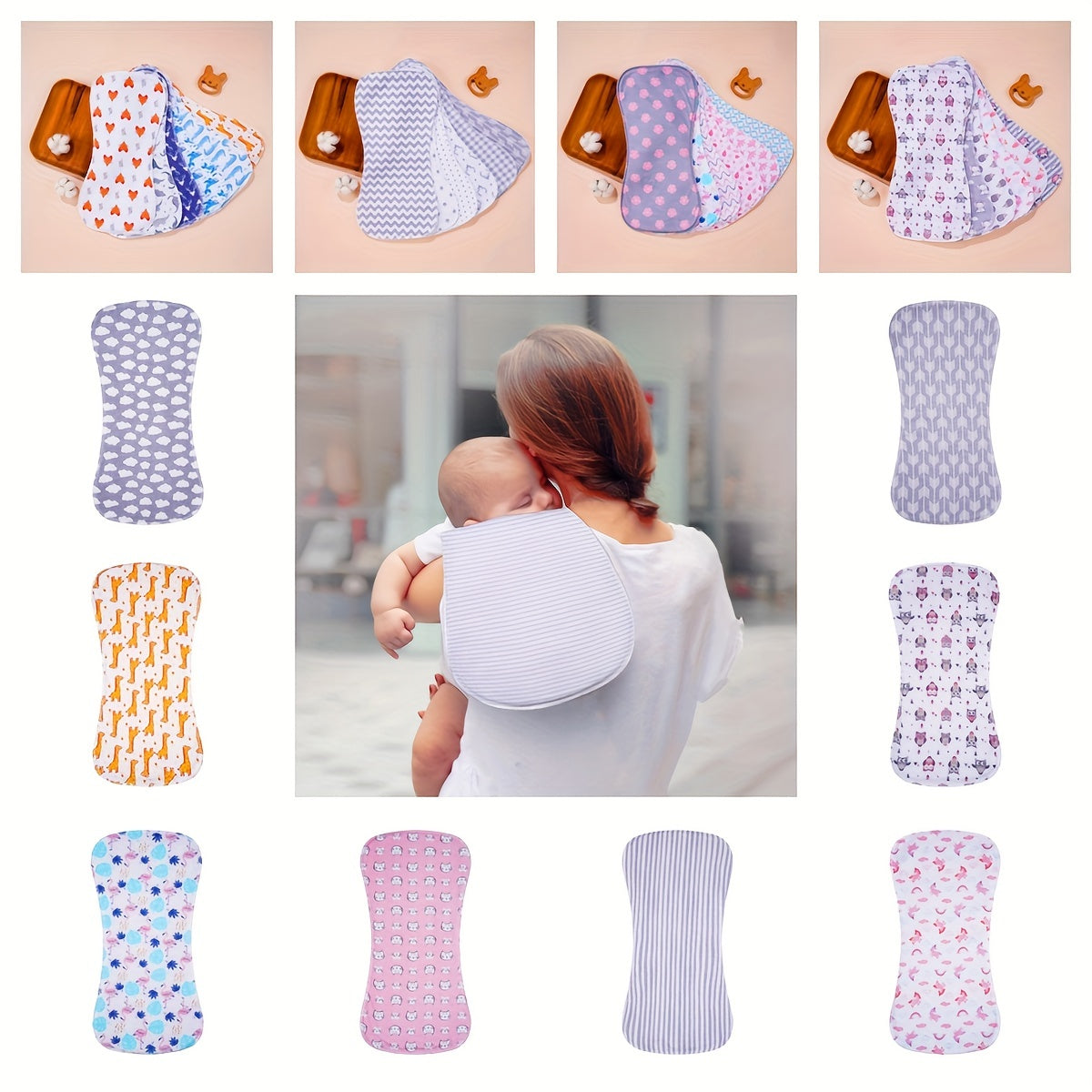 Cotton Baby Burp Cloths Set of 5, Extra Absorbent Soft Burping Cloths for Newborns & Infants, Reusable Spit-Up Rags for Boys & Girls, Baby Shower Gift