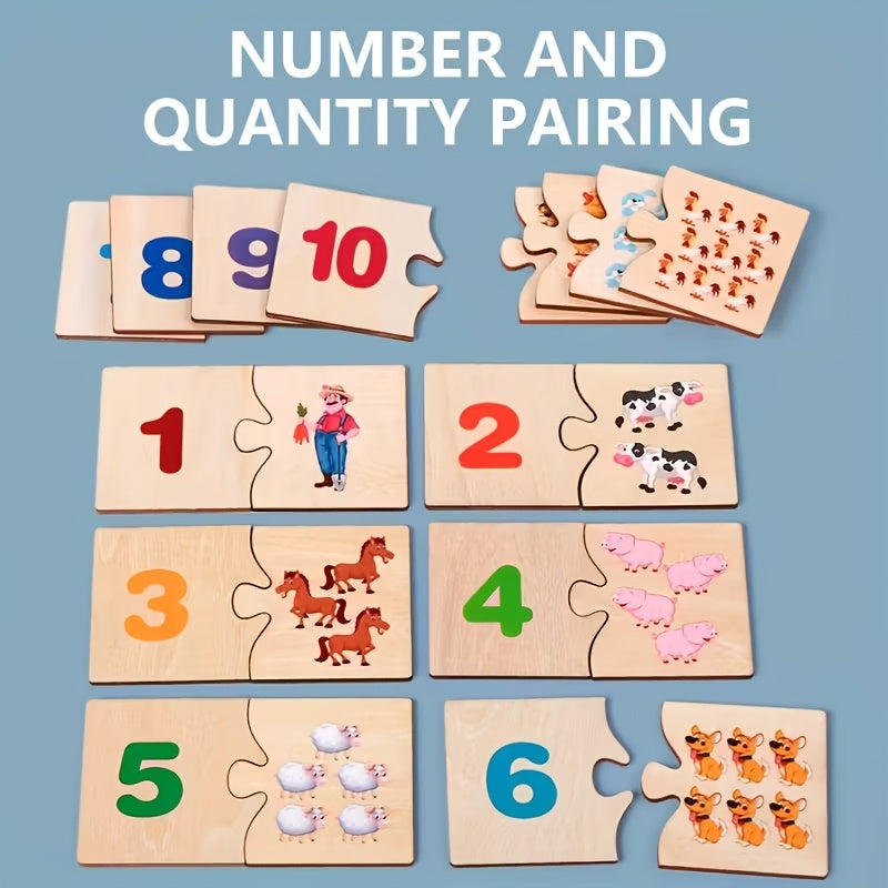 Wooden Number & Animal Matching Puzzle Board for Kids, Durable Educational Preschool Puzzle Toy for Fine Motor Skills & Hand-Grip Development, Fun Learning Birthday Gift