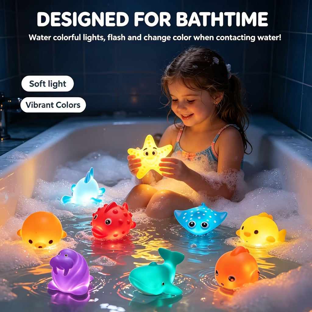 No-Hole Light-Up Glitter Sea Animal Bath Toys, Floating Bathtub Fishing Toy Set for Kids, Colorful Glow Water Toys for Bathtub Pool & Party Play, Random Colors, 2/4/6/8-Piece Sets