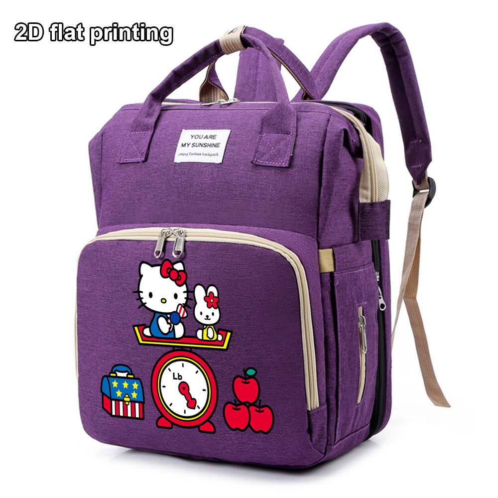 Cute Cartoon Kitty Print Diaper Backpack, Large Capacity Baby Bag for Travel & Daily Outing, Stylish Mom & Dad Baby Bag, Black Purple & Grey
