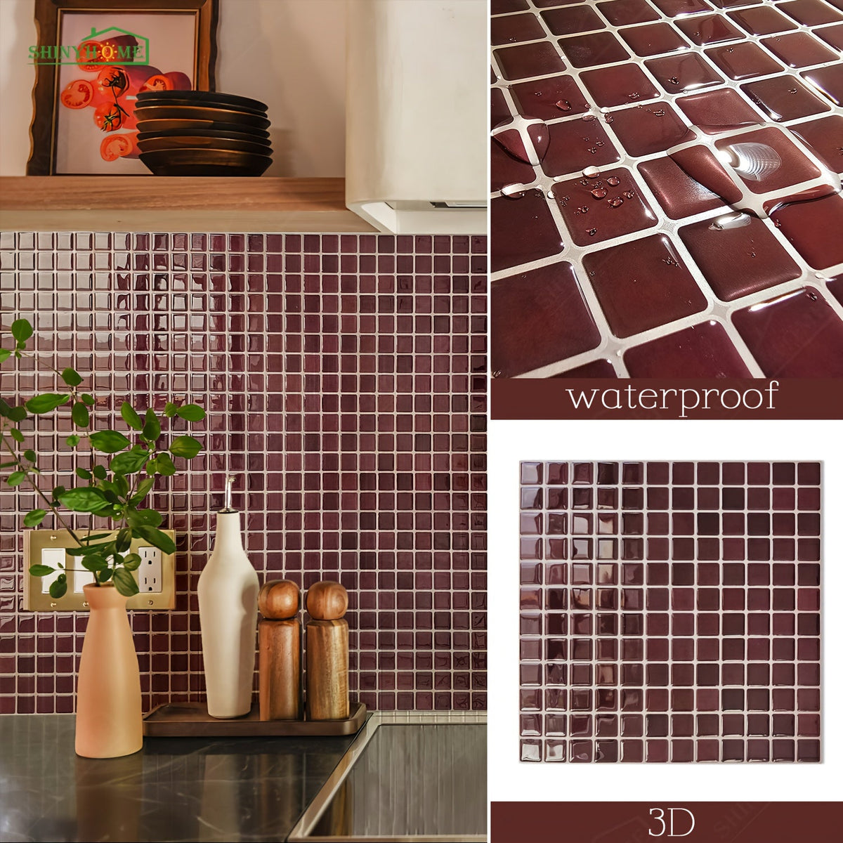 Peel & Stick Waterproof Backsplash Wallpaper – 10 Sheets Self-Adhesive Removable No-Glue Wall Covering for Kitchen & Bathroom in 6 Colors (Polyurethane)