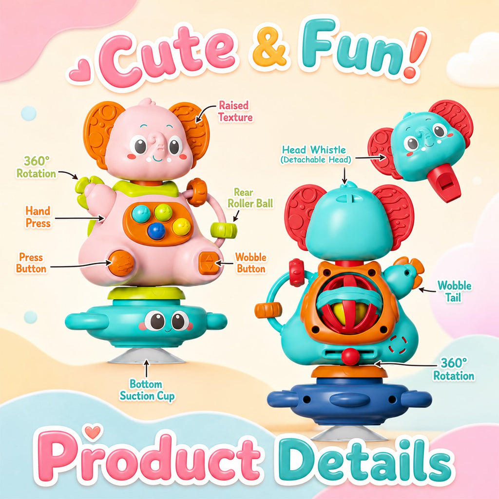 Elephant-Shaped Suction Cup Gyro Spinning Toy for Infants, Anti-Slip Anti-Drop Safety Rounded Edge Portable Baby Sensory Toy, Blue & Pink