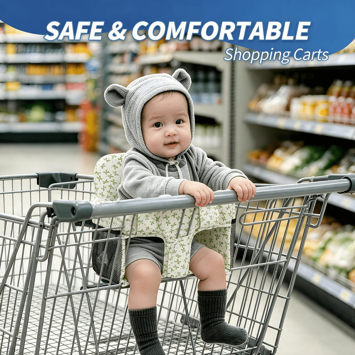 Baby Shopping Cart Cover & High Chair Cushion, Soft Padded Fully Enclosed Seat Cushion with Side Pocket, Portable Foldable Infant Seat Cover for Grocery Cart & Wooden Dining Chair