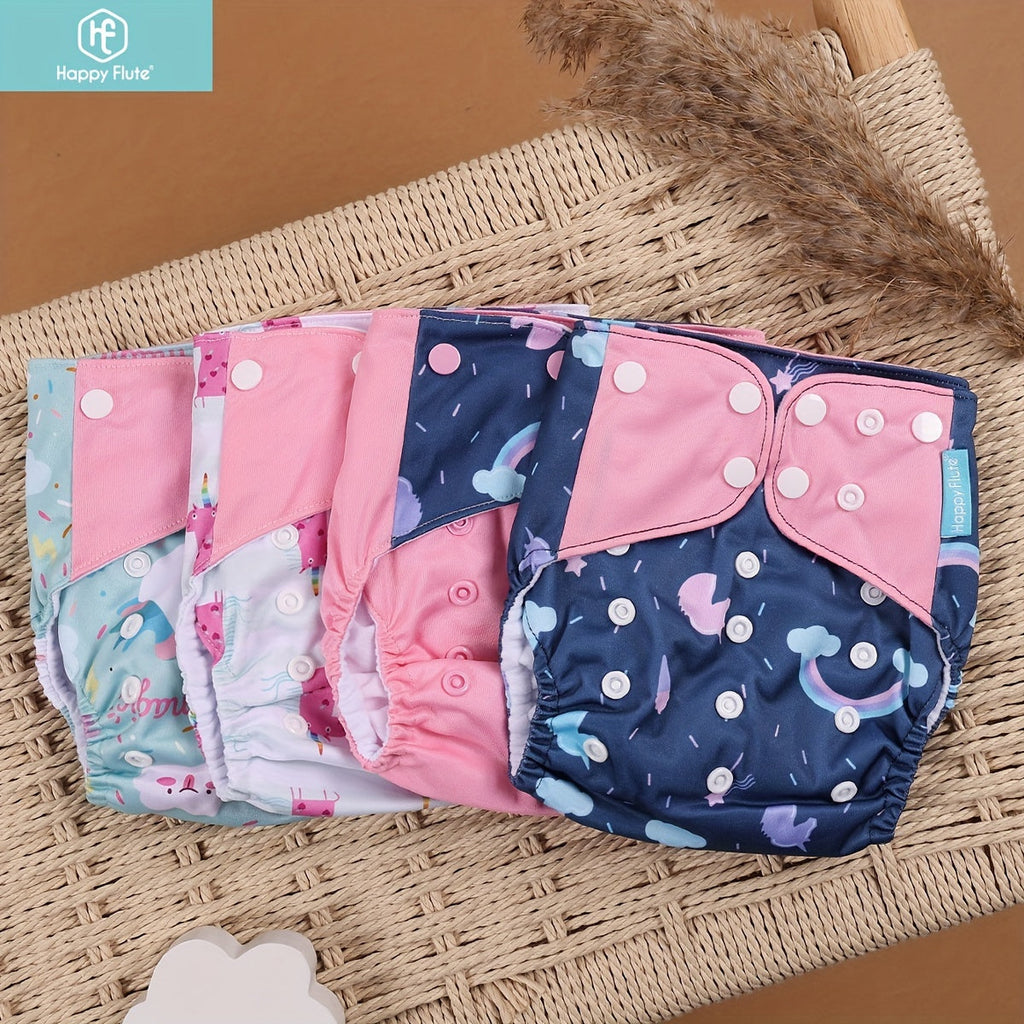 Happyflute 4-Pack Washable Reusable Cloth Diaper Covers, Adjustable Cloth Nappy Covers Fit 6.61–33.07 lbs, Eco-Friendly Reusable Diapers for Babies & Toddlers, Unicorn