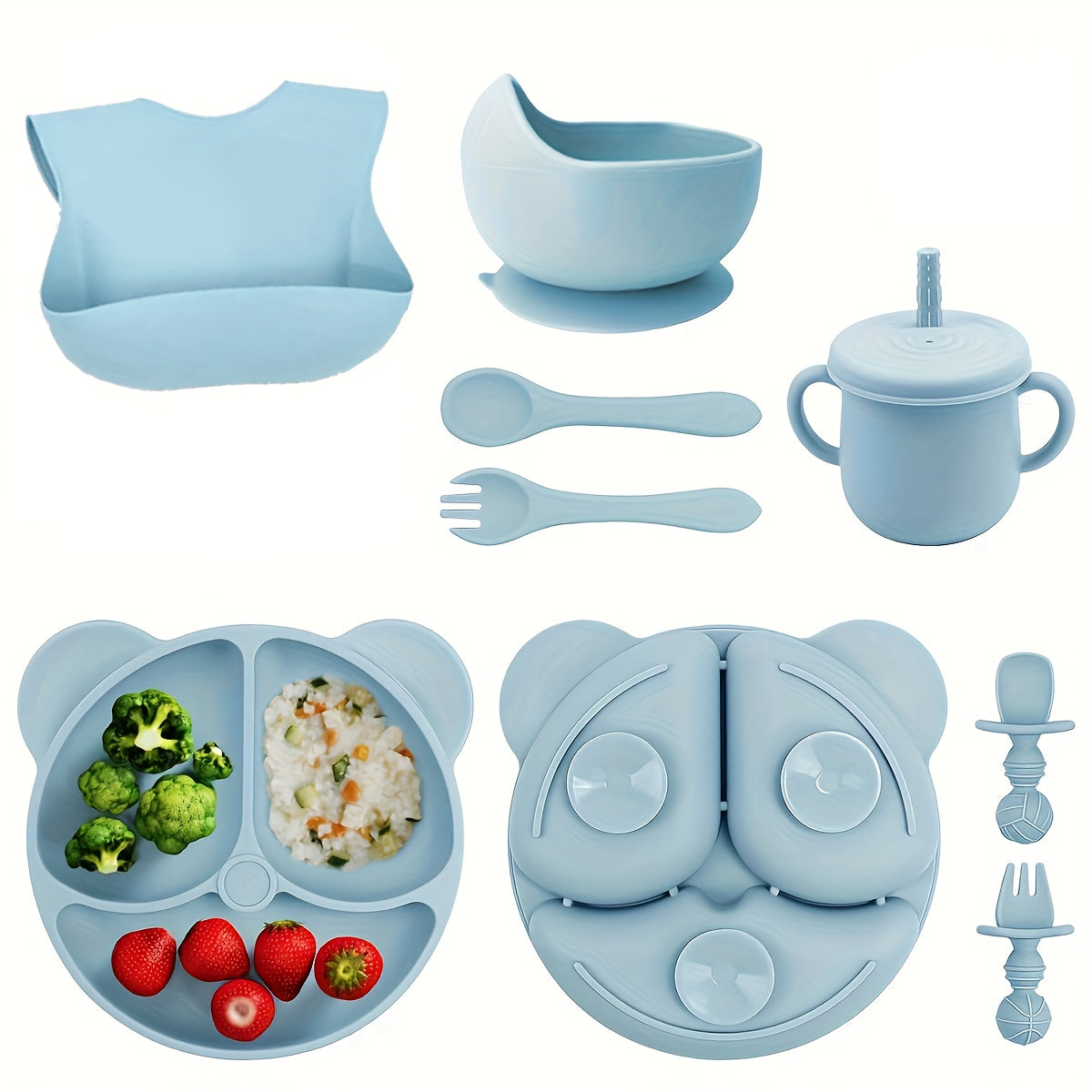 10-Piece BPA-Free Silicone Baby-Led Weaning Feeding Set, Baby & Toddler Self-Feeding Tableware with Suction Divider Plate, Spoon, Fork, Straw Cup & Bib, Green, Blue, Pink & Beige