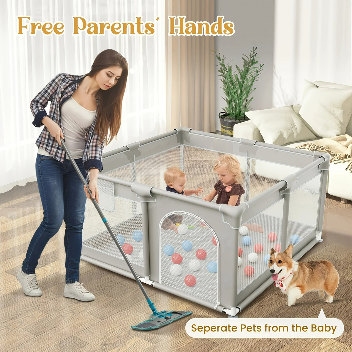 Baby Playpen & Kids Activity Center, Sturdy Safe Soft Breathable Mesh Indoor & Outdoor Toddler Play Yard, Easy Assembly Durable Baby Play Pen for Infants & Toddlers, Multiple Sizes, Beige & Grey