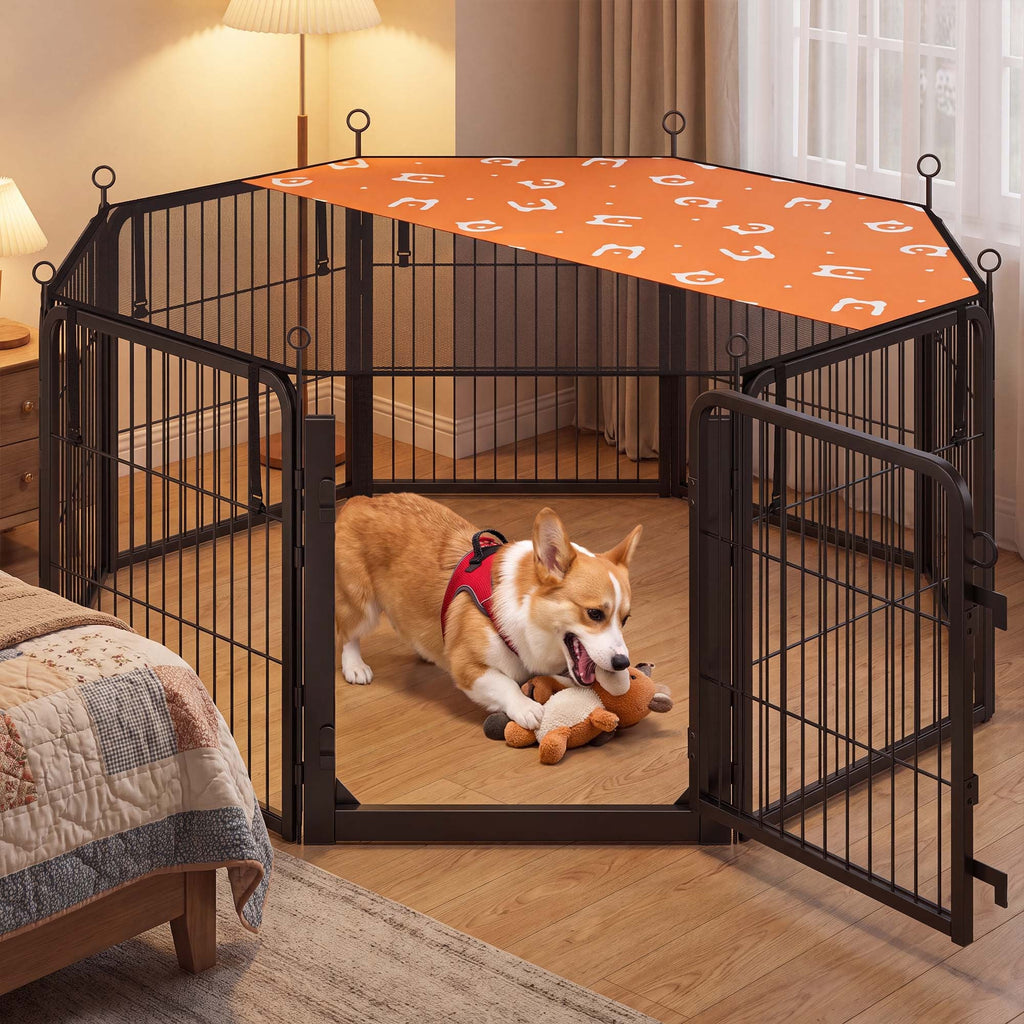 8-Panel Dog Playpen with Mesh Roof, 54.5"x54.5"x23.6", Rust-Resistant Steel & POM Frame, One-Hand Latch Door, 5-Min Setup, Indoor Outdoor Pet Exercise Pen, Black