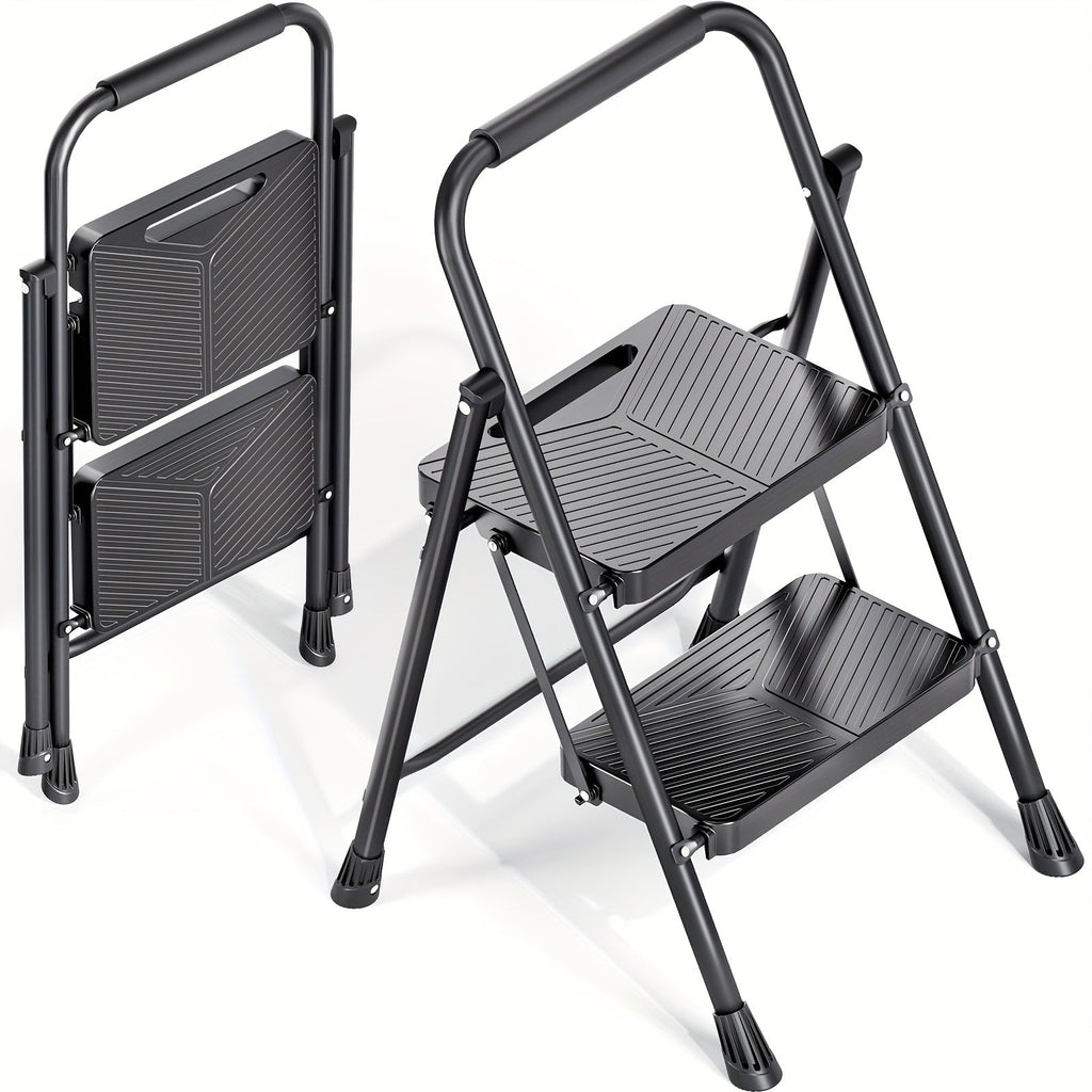 2-Step Folding Ladder – Safe-Lock Sturdy Steel Anti-Slip Pedals & Handrail for Home Kitchen & Office in Black