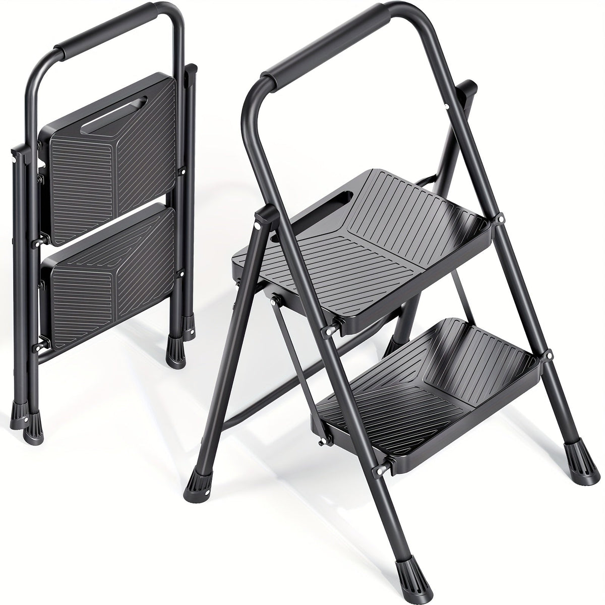 2-Step Folding Ladder – Safe-Lock Sturdy Steel Anti-Slip Pedals & Handrail for Home Kitchen & Office in Black