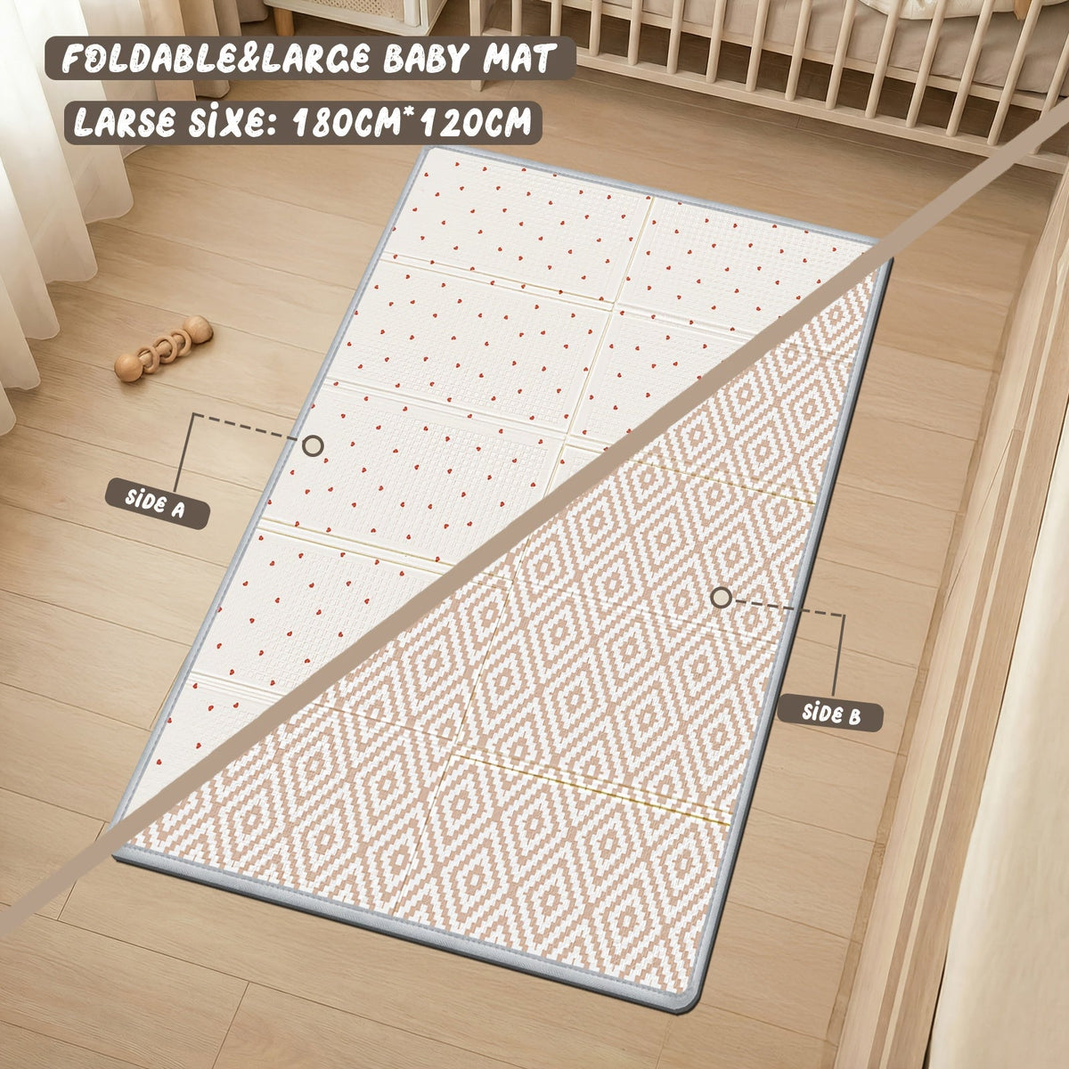 Large XPE Foam Baby Play Mat, Flip-Over Double-Sided Design, Portable Foldable Splash-Proof Crawling & Activity Mat for Living Room & Backyard, Heart + Rhombus Style, 2 Sizes