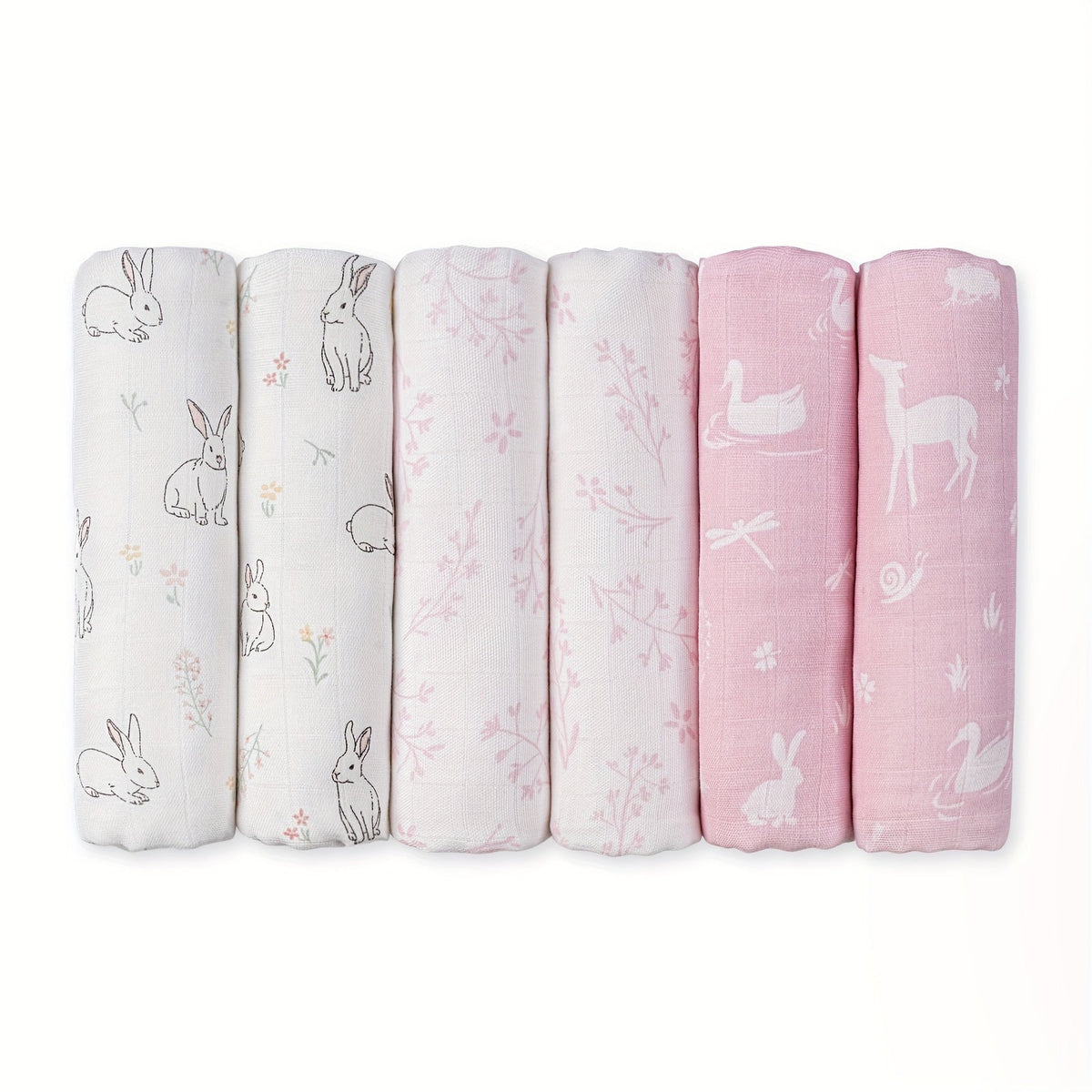 6-Piece Baby Muslin Blanket Set, Super Soft Receiving Blankets for Newborn Boys & Girls, 5 Designs Including Little Daisy Green Apple Cute Rabbit Cute Bear & White, Christmas Baby Gift Set
