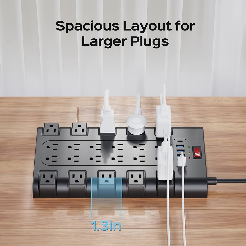 Surge Protector Power Strip with 22 AC Outlets & 6 USB Ports (24W) - 2100 Joules, Flat Plug, Wall Mount, Overload Protection, 5-14ft Cord Options for Home Office Dorm Gaming - Black & White