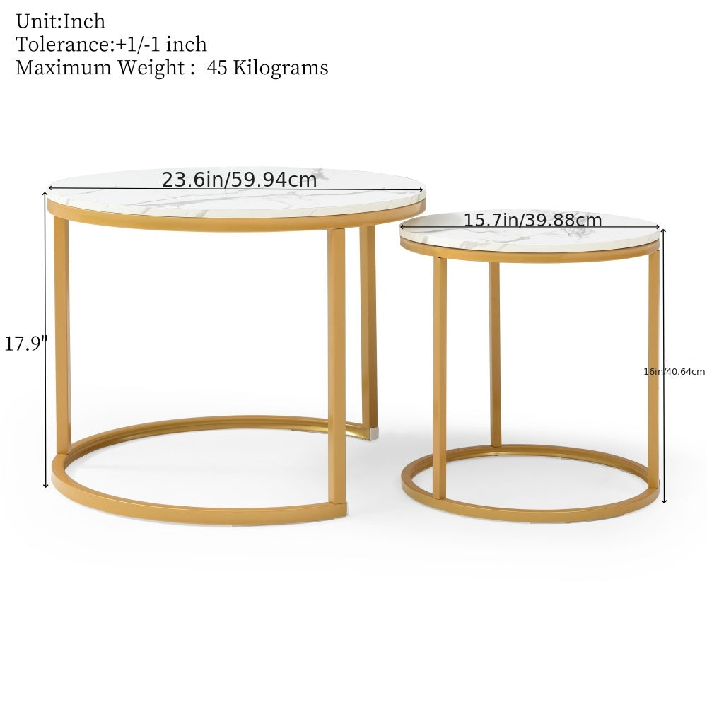 Nesting Coffee Table Set of 2 – Modern Faux Marble Round Tables with Gold Frame Space-Saving Living Room Furniture in White Gray Black Walnut