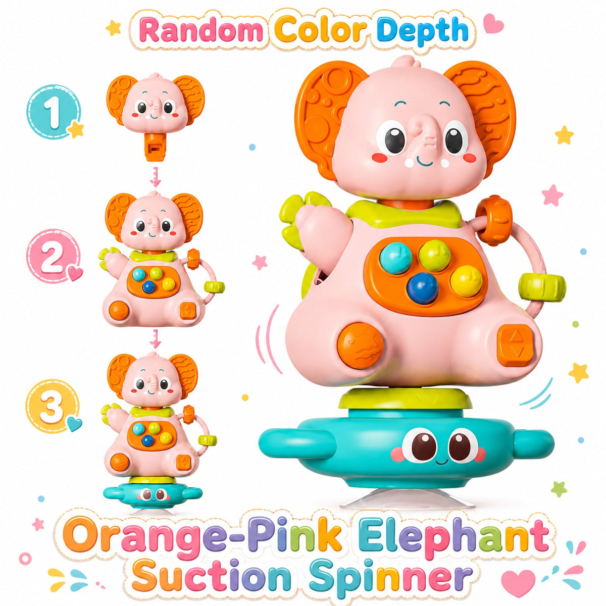 Elephant-Shaped Suction Cup Gyro Spinning Toy for Infants, Anti-Slip Anti-Drop Safety Rounded Edge Portable Baby Sensory Toy, Blue & Pink